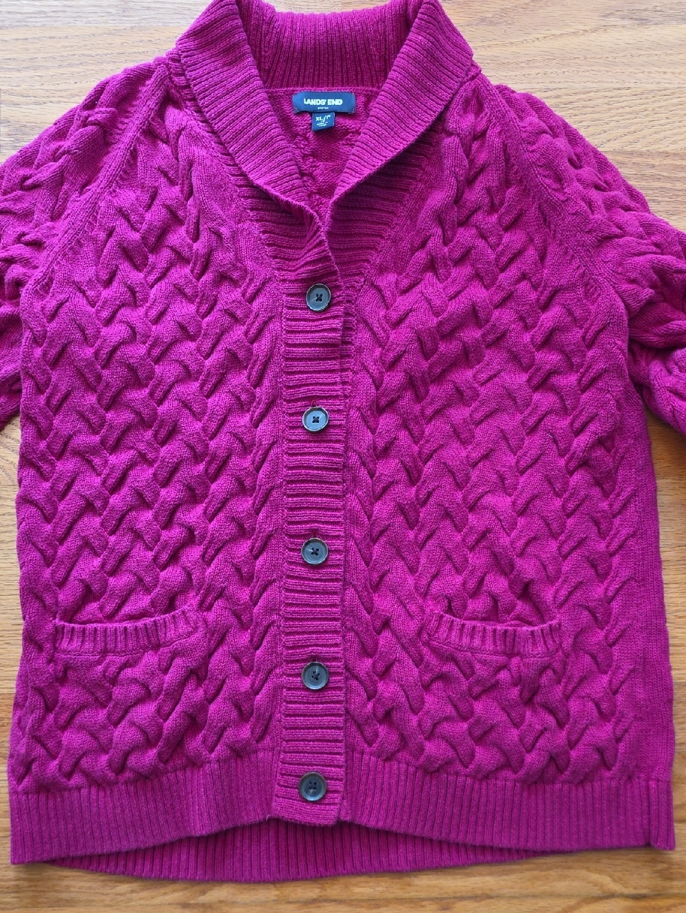Lands' End Cable-Knit Shawl Collar Button Cardigan in Fuchsia